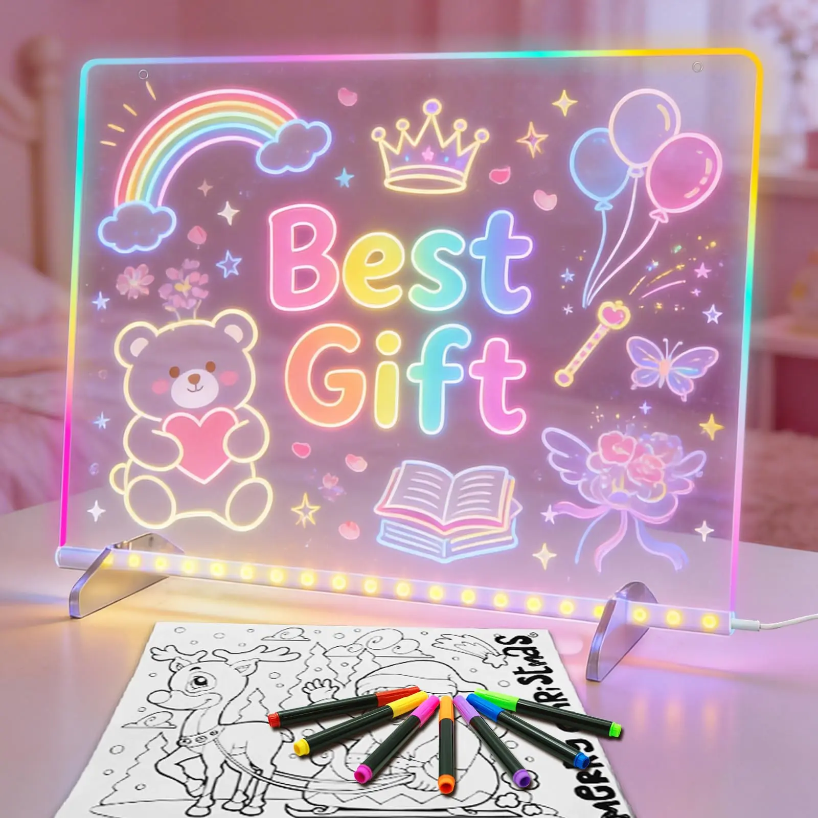 LED Drawing Board Birthday Gift Toy for 4-12 Year Old, 13×10 Inch Light Up Drawing Board, 6 Light Modes, Includes 7 Color Markers, Soft Cloth and Hanging Chain