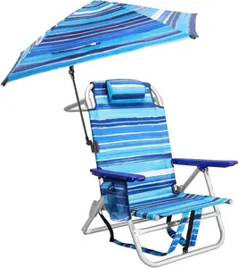Beach Chair, Backpack Chairs for Adults with Adjustable Umbrella, Folding Beach Chairs with Storage Pouch, Cup Holder & Towel Rack, Adjustable Lounge Chair for Seaside, Blue Strap