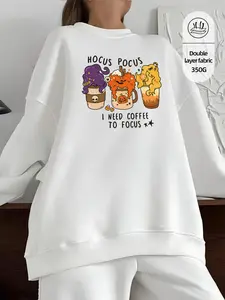 Hocus Pocus Letter Print Loose Round Neck Sweatshirt, High-Quality Fabric, Casual Fit, All Seasons, Model Wears 2xl, Buy One Size Up