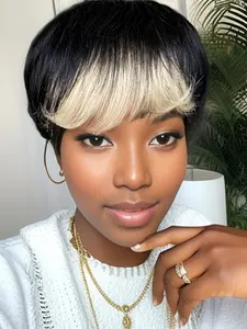 Pixie Cut Wig Human Hair 1b/60 Highlights, Layered Short Glueless Wig 180% Density, Machine-Made for Women, Straight Style
