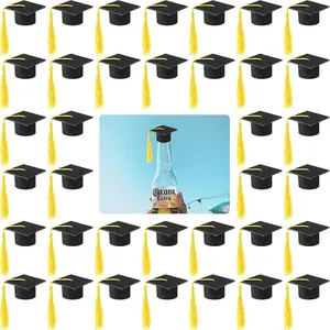 36 Pieces 2026 Mini Graduation Caps with Tassels Graduation Wine Bottle Toppers Black Cap with Gold Tassel