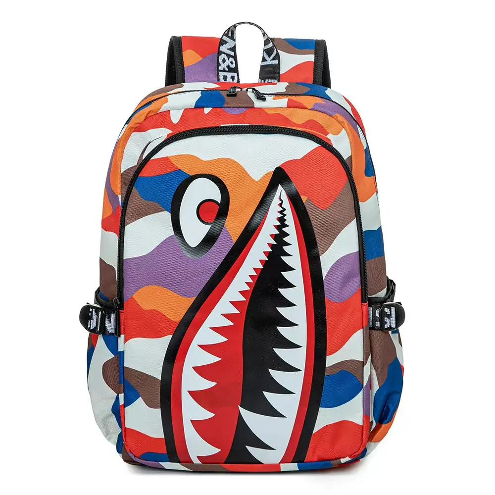 Sprayground N&DE Camo Shark Backpack, Colorful Pattern Design, Secure Pockets, Functional Daily Use Luggage Bag