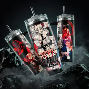 POWER - 'Gimme Power' Chainsaw Man 40 oz Vacuum Insulated Tumbler with Handle & Straw, Red Black Manga Collage Graphic, Keeps Drinks Hot/Cold 12H+ 18/8 Stainless Steel Travel Mug for Anime Fans & Manga Lovers Japanese Anime Merch Gift