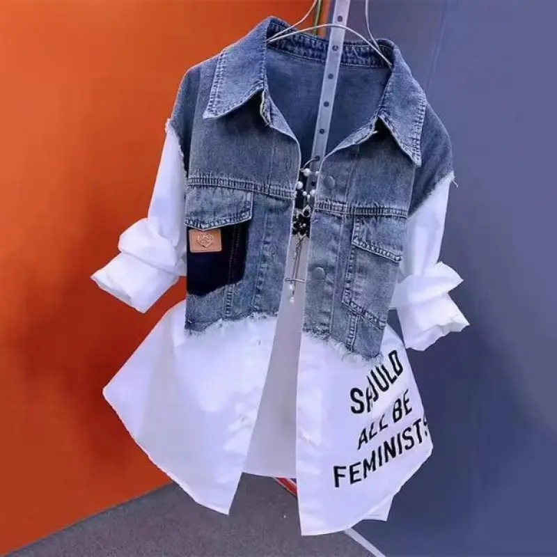 Women's Denim Jacket Fake Two-piece Denim Shirt 2025 New Spring Summer Autumn Casual Fashion All-match Stitching Striped Jacket for Women rave girls outfits clothes taylor green