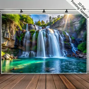 Mountains Rivers Waterfall Backdrop Nature Landscape Backdrop Sunlight Scene Background Cloth Scenic Tapestry Wall Hanging Photography Background Polyester Fiber Living Room Bedroom Home Decor Studio Prop Wall Art