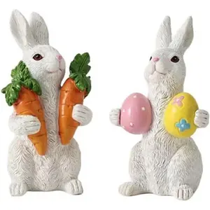 Adorable Resin Easter Bunny Decorations with Carrot and Eggs, Bunny Statue Figurines for Indoor Tabletop Home Office Decor, Ideal Easter Holiday Gifts