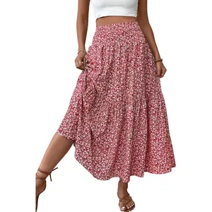 Women's Smocked High-Waist Bohemian Maxi Skirt - Casual Floral Bottom with Pockets