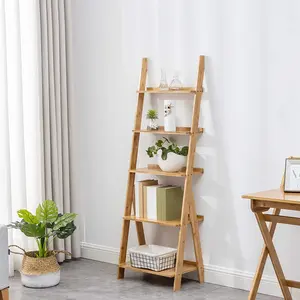K KELBEL Bamboo Ladder Shelf Modern Wood Bookshelf Tall Bookcase Leaning Wall Shelves Open Standing Storage Rack Shelves for Living Room Bathroom Kitchen Office