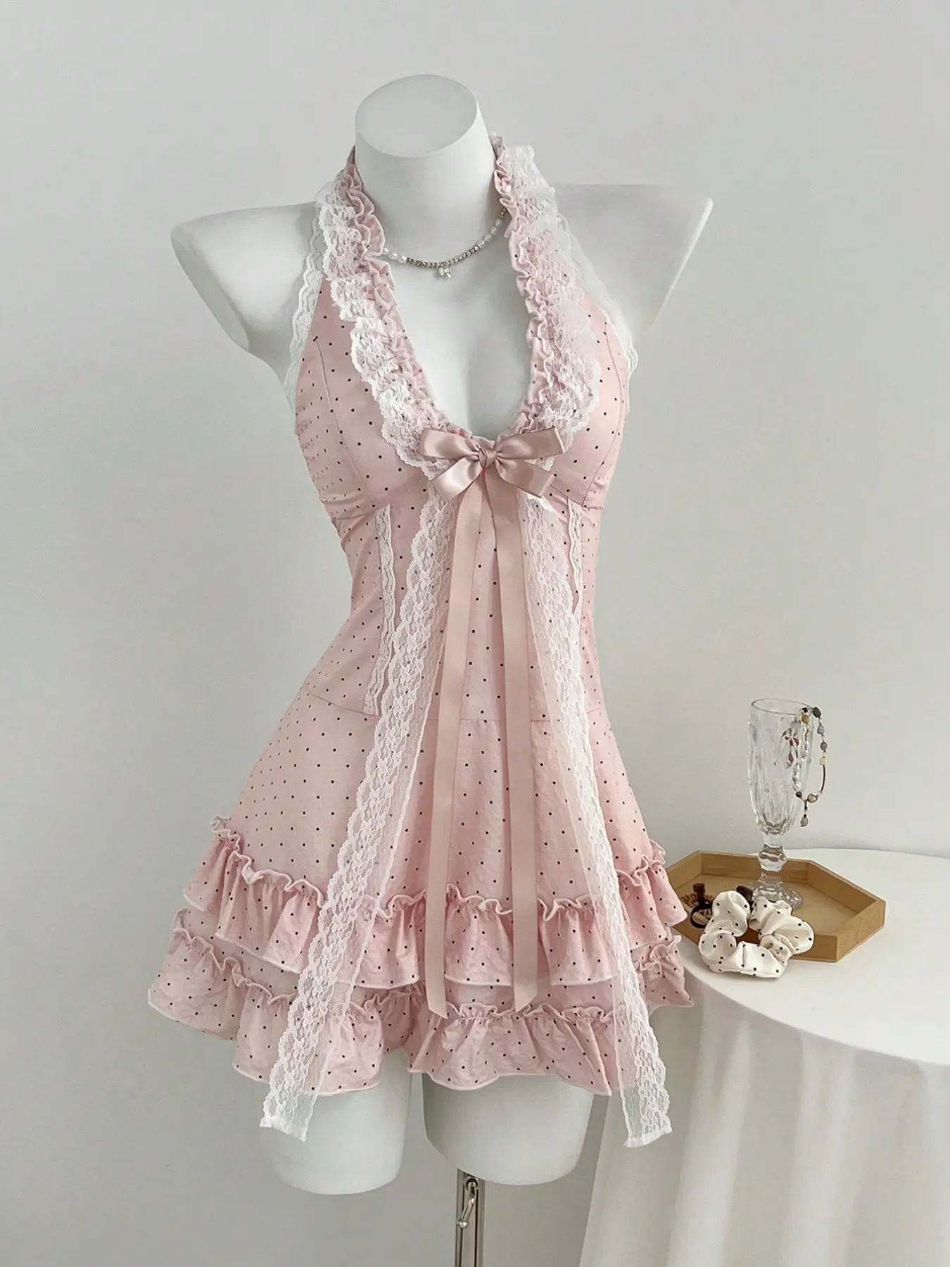 Elegant Summer Dress for Women, Polka Dot Halter Backless Dress with Lace Trim, Bow & Ruffled Hem, Tie Design, Youthful Cute Style