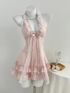Elegant Summer Dress for Women, Polka Dot Butterfly Knot Lace Trim, Ruffled Hem, Backless Halter Neck, Tie Design, Youthful Style
