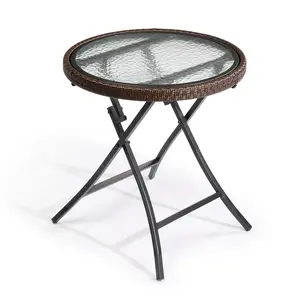 Outdoor Side Table, Round Rattan Patio Side Table, Small Foldable Wicker Table with Tempered Glass Table Top for Lawn Garden Balcony Porch Deck Pool, Brown
