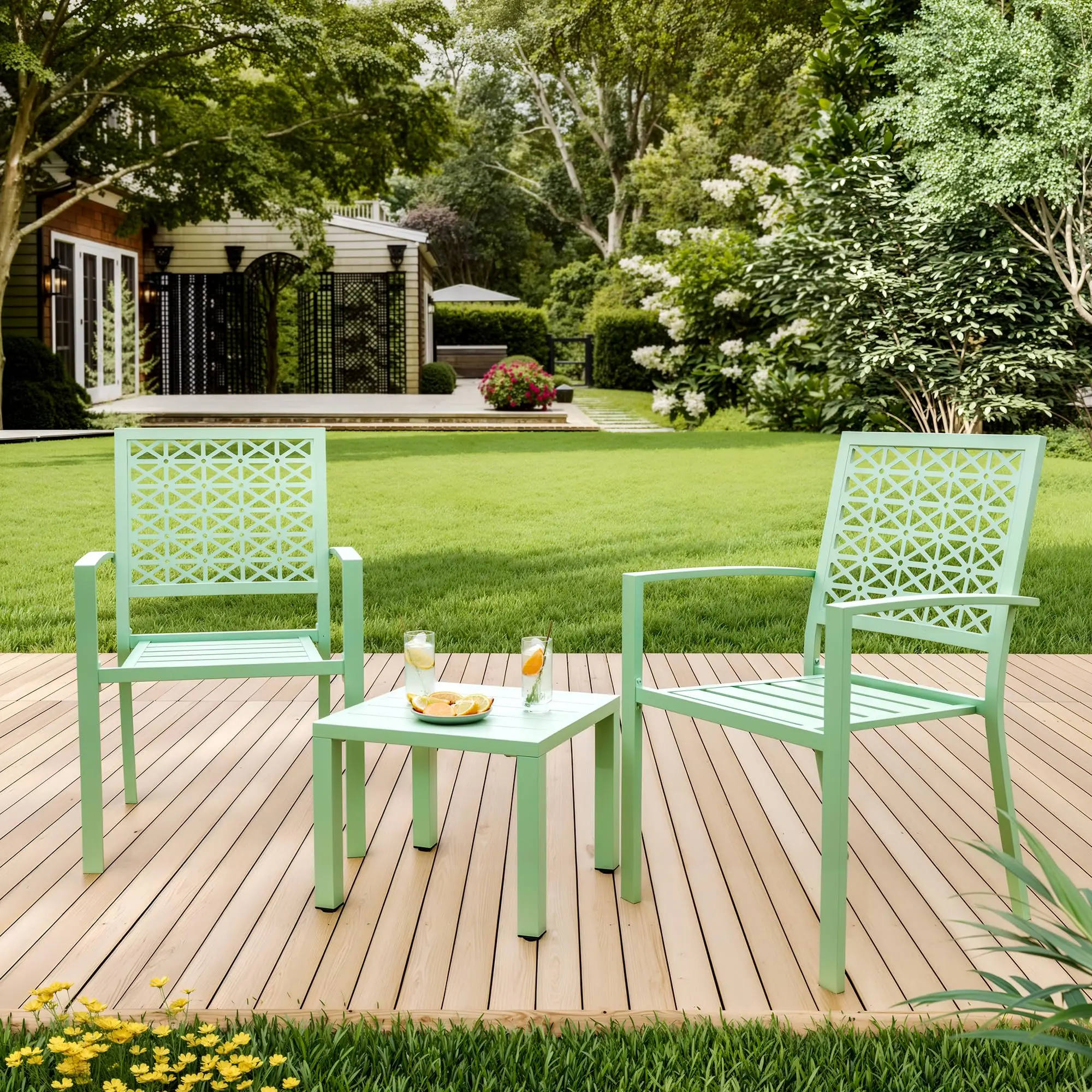 3 Piece Modern Stackable Metal Conversation Set, Outdoor Patio Sofa with Square Table and Chairs, Space Saving Furniture for Backyard Deck Balcony Poolside