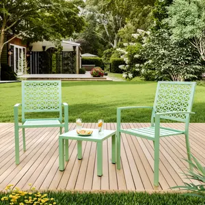 3 Piece Modern Stackable Metal Conversation Set, Outdoor Patio Sofa with Square Table and Chairs, Space Saving Furniture for Backyard Deck Balcony Poolside