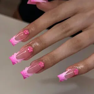 24 Pieces Medium Length 3-D Gel and Flower Ombré French Tip Press on Nails