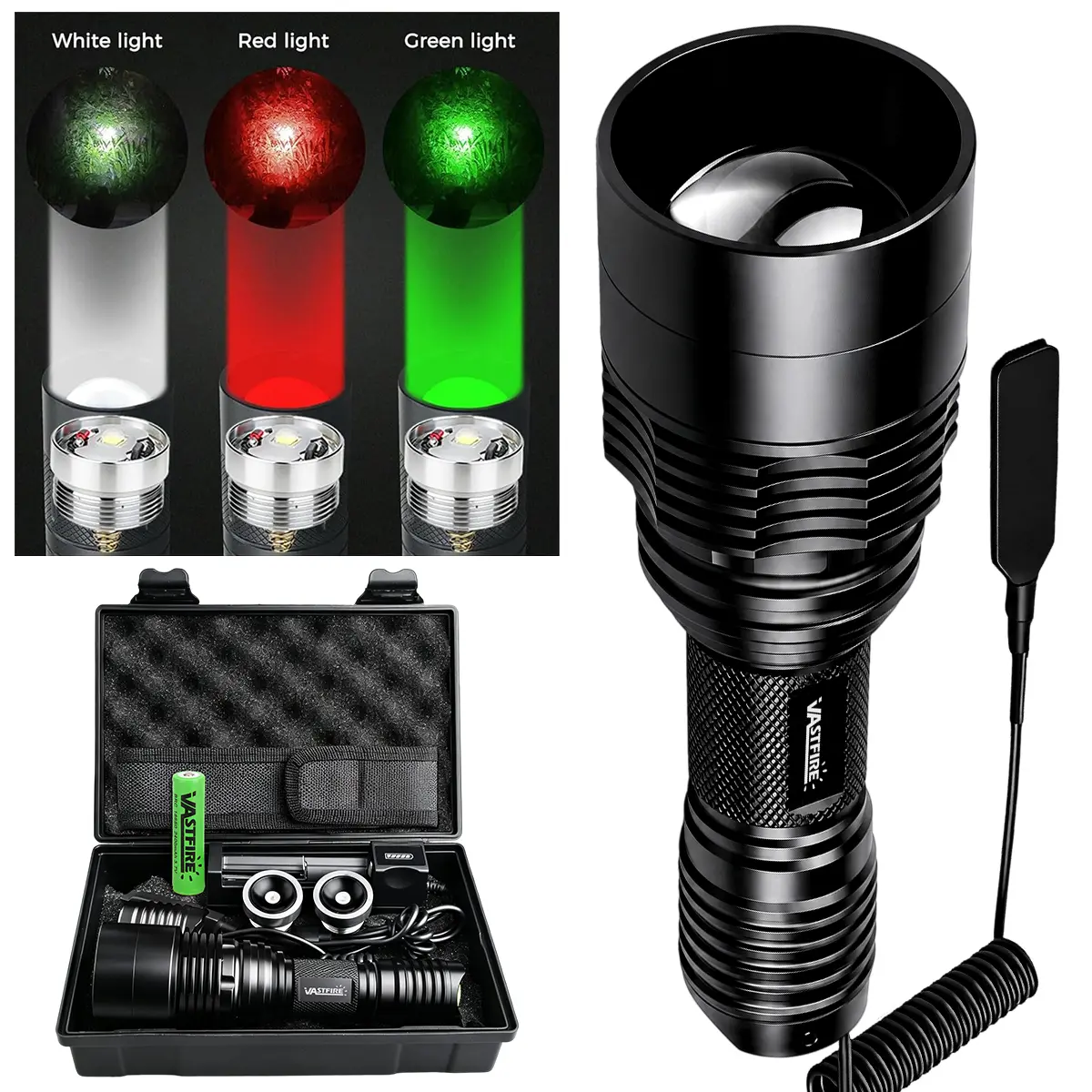 VASTFIRE C11 High Powered Rechargeable Tactical Flashlight - Zoomable Aluminum Alloy Torch with Replaceable Red, Green, White LED Bulbs, Super Bright Light, Rechargeable Powerful Flashlights for Emergency, Fishing
