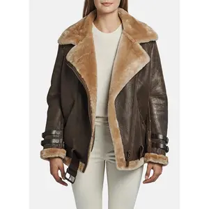 Womens Oversized Brown Shearling Leather Jacket