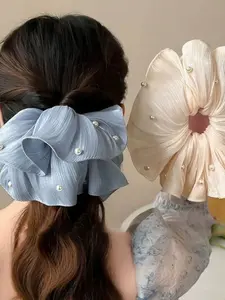 Pearl Embellished Satin Hair Tie, Lightweight 3D Pleated Elastic Hair Rope, Women's Ponytail Bun Headband, Stylish Accessory