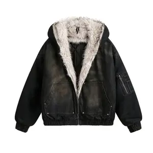 Men'sAmericanstreetwasheddenimpaddedcottonjacket,winterfleece-linedouterwear,men'swasteland-stylecottoncoatPatchworkHoodedmenleatherjacketcouplesweatshirt Menswear Tops