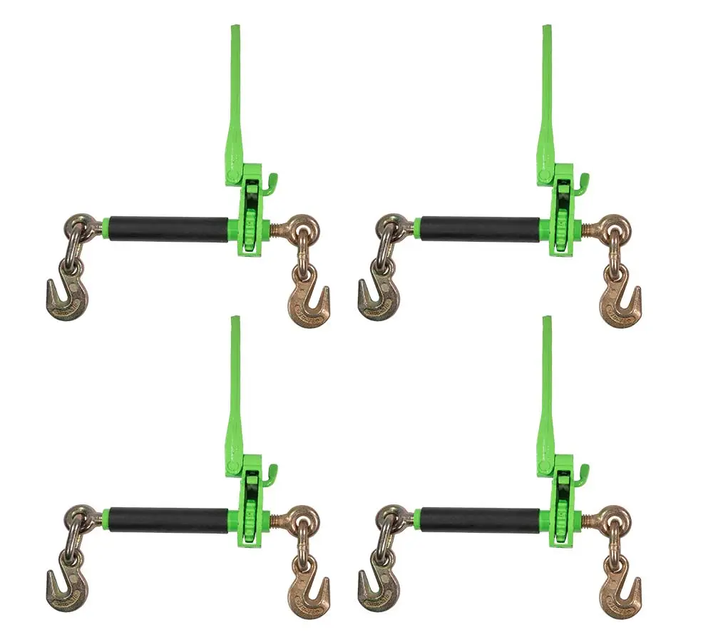 4 Pack 5/16" - 3/8" Hi-Viz Green Heavy Duty Folding Handle Ratchet Load Binder w/ Grab Hook 7,100 lbs WLL | Tie Down Hauling Chain Binders for Flatbed Truck Trailer