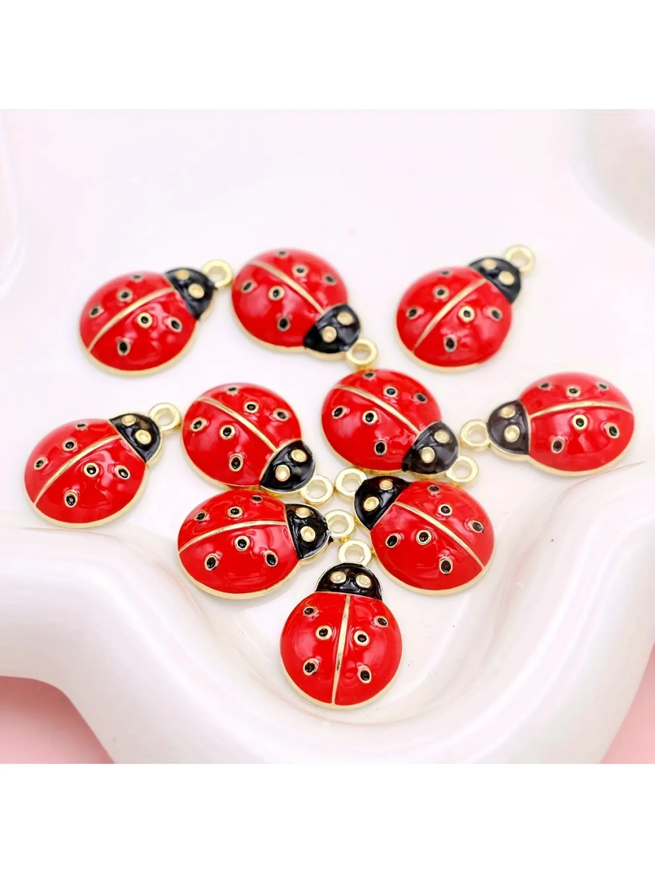 10pcs Gold Ladybug Pendant Set Red Oil Drop Tail Perfect for DIY Necklace Earrings Bracelet Jewelry Making Beading Supplies