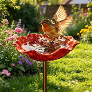 Handmade Metal Flower Garden Stake Bird Bath Bowl, Outdoor Pollinator Watering Station for Garden Yard, Hummingbird Fountain Butterfly Bee Water Feeder, Decorative Yard Art Ornament Gift