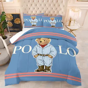 Polo Pajama Bear Cartoon Print Themed Bedding Set,(including 1 Quilt And 1-2 Pillowcases), Fresh And Soft, Suitable As A Gift For Children And Teenagers, The Perfect Bedding Gift