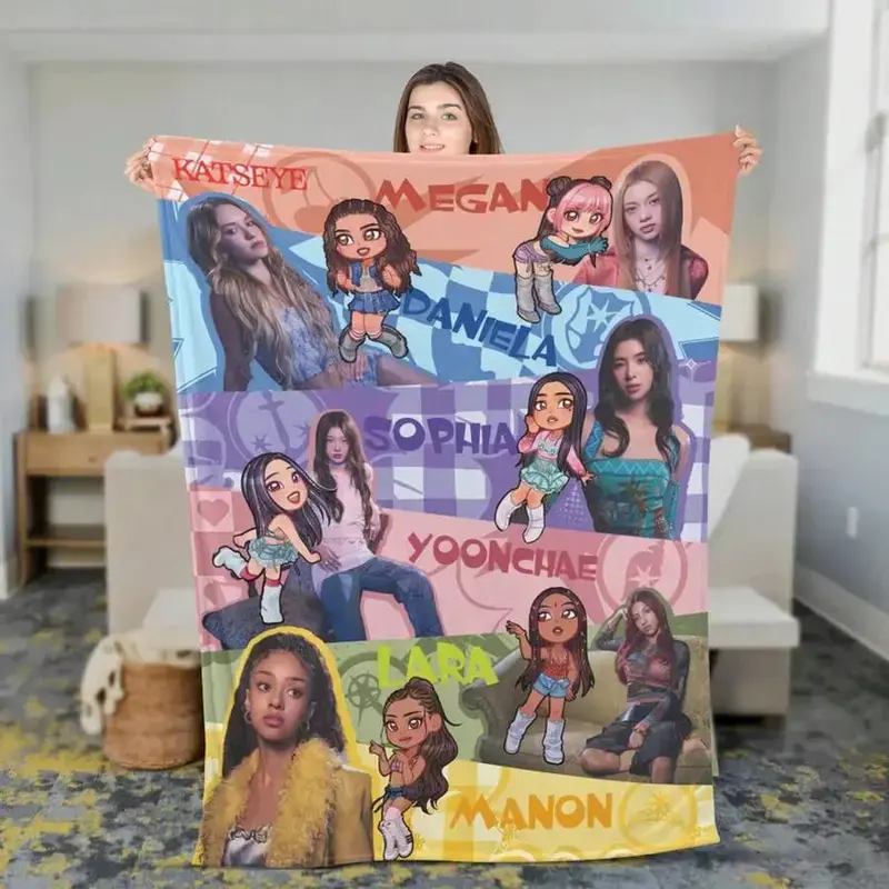 KATSEYE K-Pop Member Chibi Graphic Blanket Y2K Pop Girl Group Fleece Throw Aesthetic Fandom Gift Cute Y2K Aesthetic Throw | Birthday Gift for K-Pop Fans