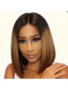New Fashion Women's 10inch Middle Part Bobo Black to Brown Ombre Wig, Versatile Natural Look for Daily Wear and Parties, Synthetic Fiber Wig, Synthetic Material Wigs
