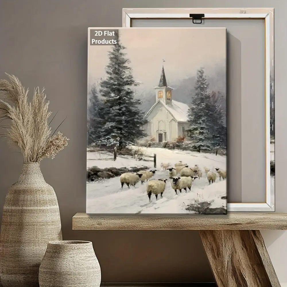 1pc Framed 2D Flat Canvas Wall Art - Country Rustic Church Scene with Sheep Landscape Print, Farmhouse Decoration, Ready-to-Hang Wrapped Painting for Living Room, Bedroom