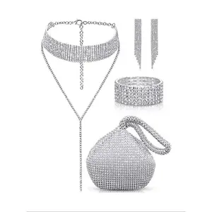 Rhinestone Decorated Jewelry Set Including Necklace Bracelet Earrings Evening Bag, Trendy All-match Exquisite Jewelry for Party Daily Decor Birthday Gift