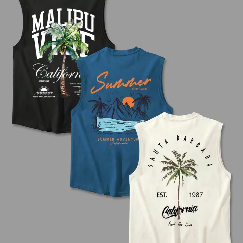 Men's Letter & Palm Tree Print Tank Top, Regular Fit Casual Soft Comfy Sleeveless Round Neck Top for Summer, Men's Clothes for Daily Wear, Stretch Tank Tops, Graphic Tank Top, Sleeveless Shirt, Vests