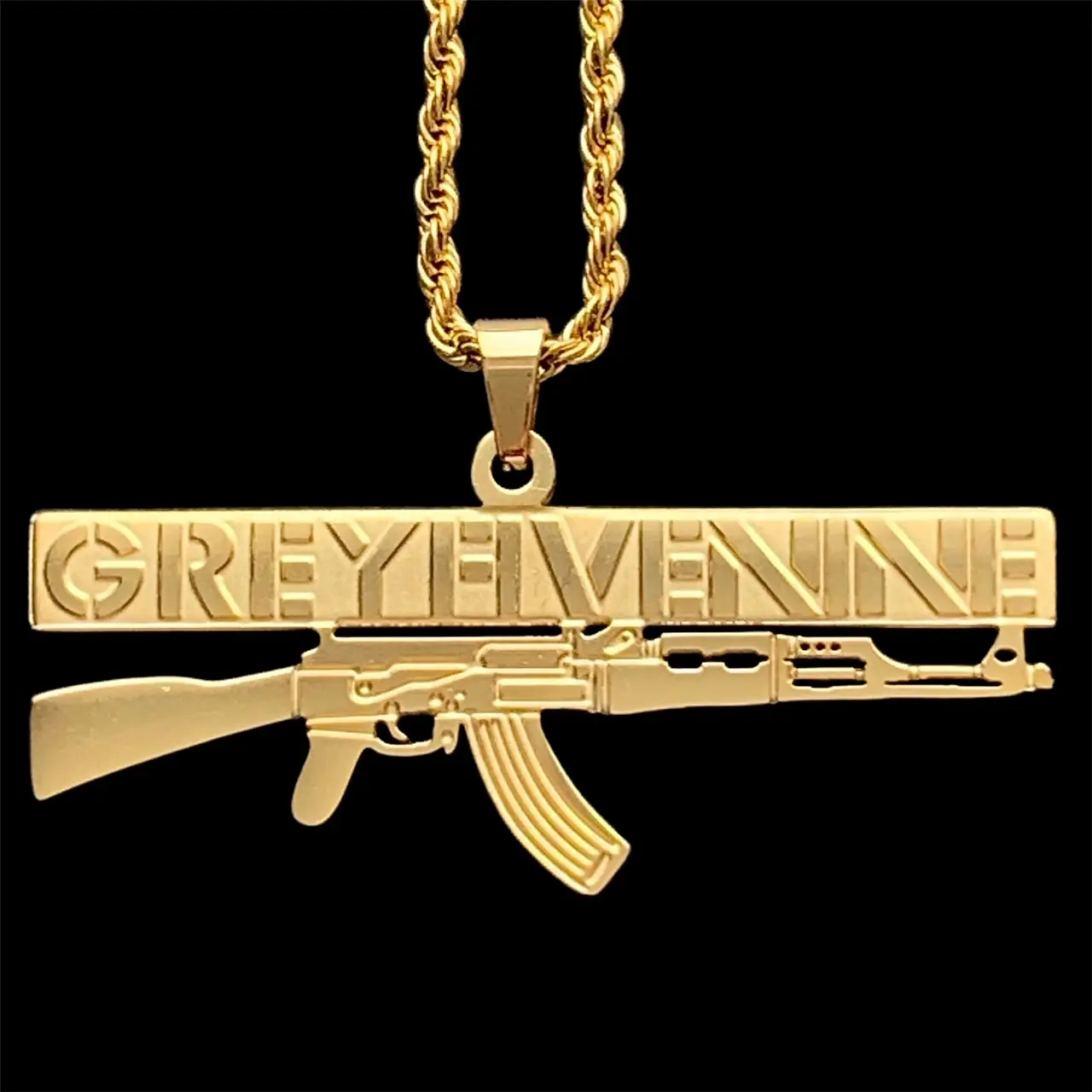 GREYFIVENINE AK-47 Necklace 1.5" Gold Plated Etched & Polished Stainless Steel G59 GREY59 Pendant Hypoallergenic Rust Resistant with Choice of Chain Suicideboys Free Gift Included