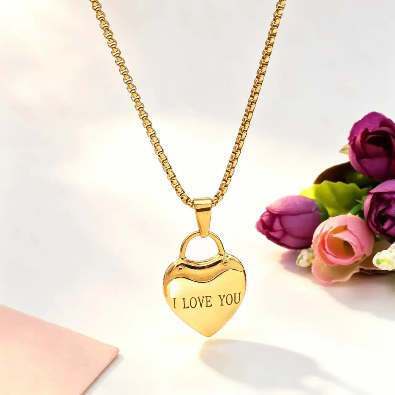 Female Customizable Stainless Steel Jewelry Necklace - Saudi Gold Metal Coated Love Heart, Link Chain, Engraved, Valentine's Day Factory Wholesale, Engraved Heart