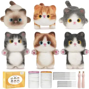 Needle Felting Kit, 6 Pieces Cats Making Wool Needle Felting Starter Kit with Instruction, Felting Kits for Beginners Adult, 6 Pack Cats