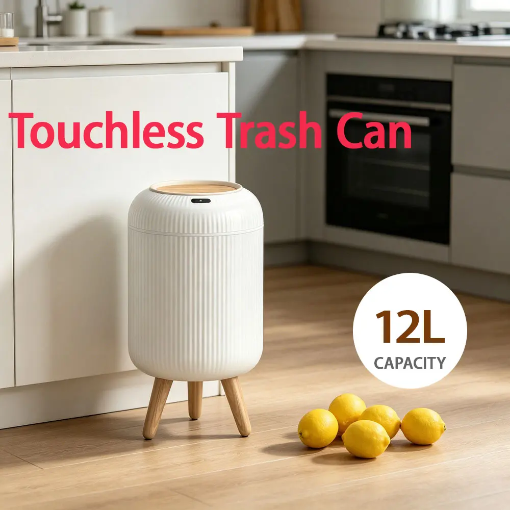Nordic Ribbed Touchless Smart Trash Can, Automatic Motion Sensor Garbage Bin with Wooden Tripod Legs, Decorative Trash Can for Bathroom, Kitchen, Home Office