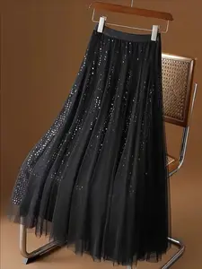 Elegant Fashion Sequined Mesh Skirt, Mid-Length Swing Dress, Stylish Women's Clothing, Perfect for Parties & Events