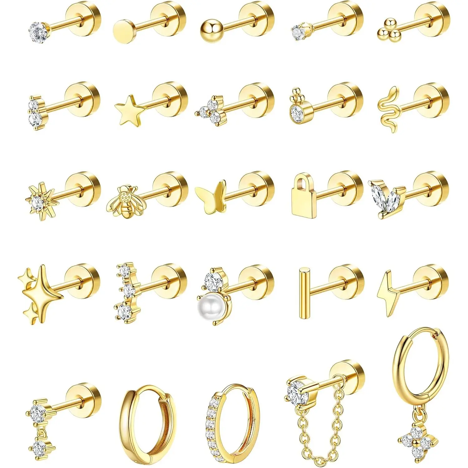 YADOCA 25 Pcs Hypoallergenic Earrings for Sensitive Ears Surgical Stainless Steel Earrings for Women Dainty Flat Back Earring Studs Hoop Cartilage Earring for Multiple Piercing-Single