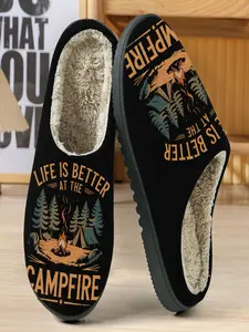 Camping Campfire Theme Cotton Slippers, Bottom Forest Fire Print, Cozy Fuzzy Lining, Outdoor Relaxation, Home Favorite