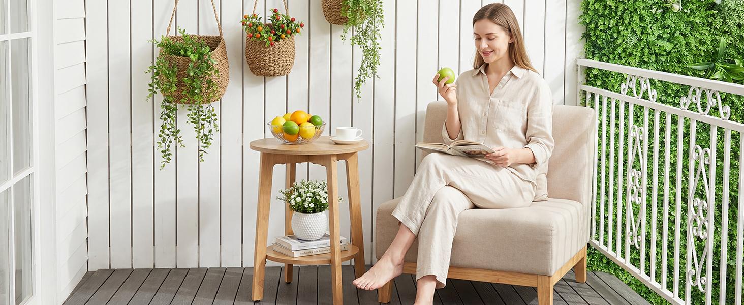 Small Round End Table, 2-Pack, 15.75" Diameter × 20.28" Height, Natural Wood Finish Nightstand with Tapered Legs & Curved Transitions, for Small Spaces Living Room Bedroom