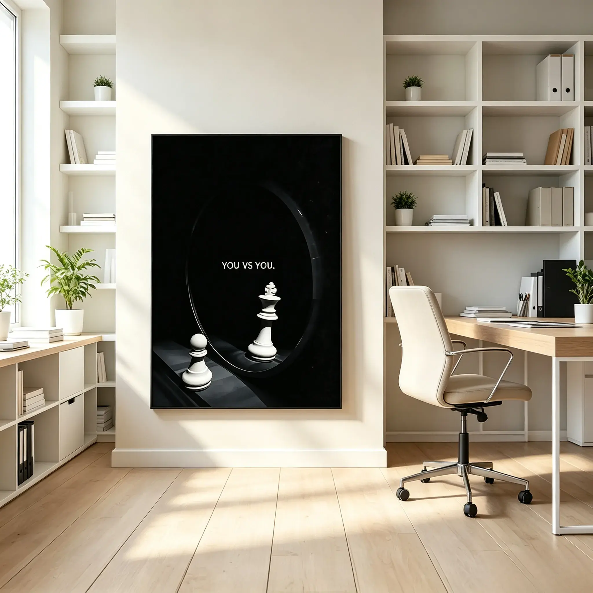 Motivational Wall Decor Canvas Print You Vs You Quote White Chess Pawn King Mirror Reflection Black Minimal Background Inspirational Office Man Cave Decor Gift