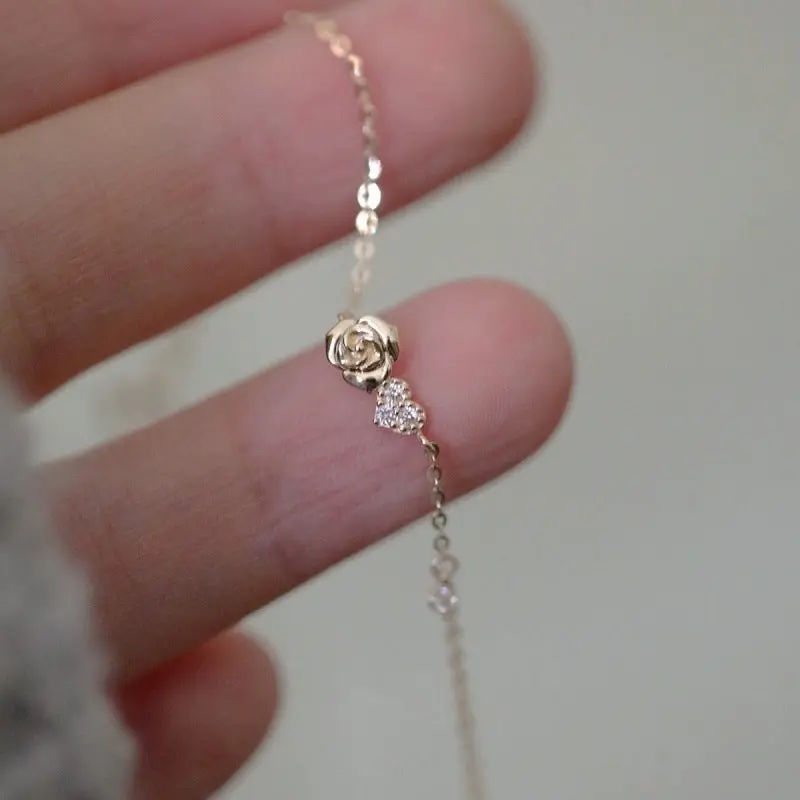 925 sterling silver 14K gold finish - rose and heart dangle bracelet