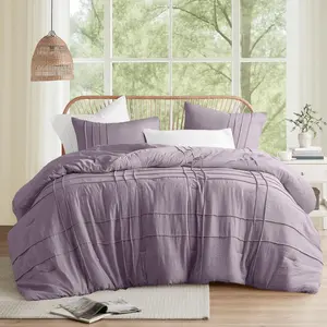 Blue/Grey Full Size Comforter - 3 Pintuck Pleated Sets Lightweight, Extra Softness Pre-Washed Microfiber, Shams