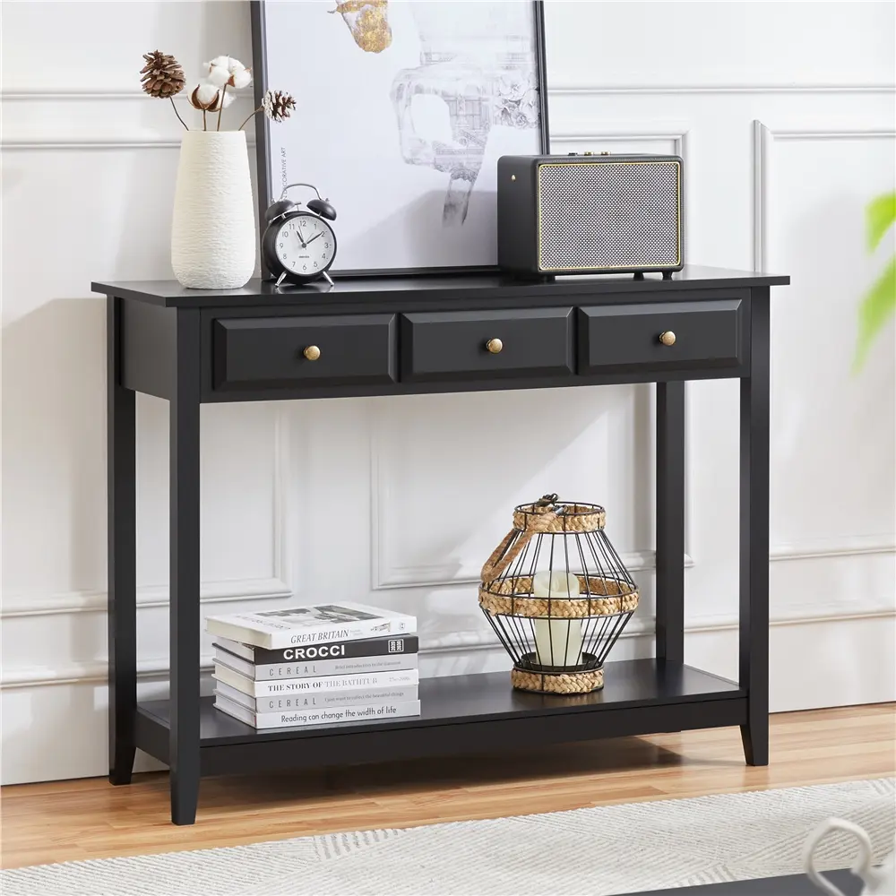 Yaheetech 3-Drawer Modern Wood Console Table - Black Furniture with Storage Shelf, Hallway Accent Table for Entryway Decor, Living Room, Modern Wood Table