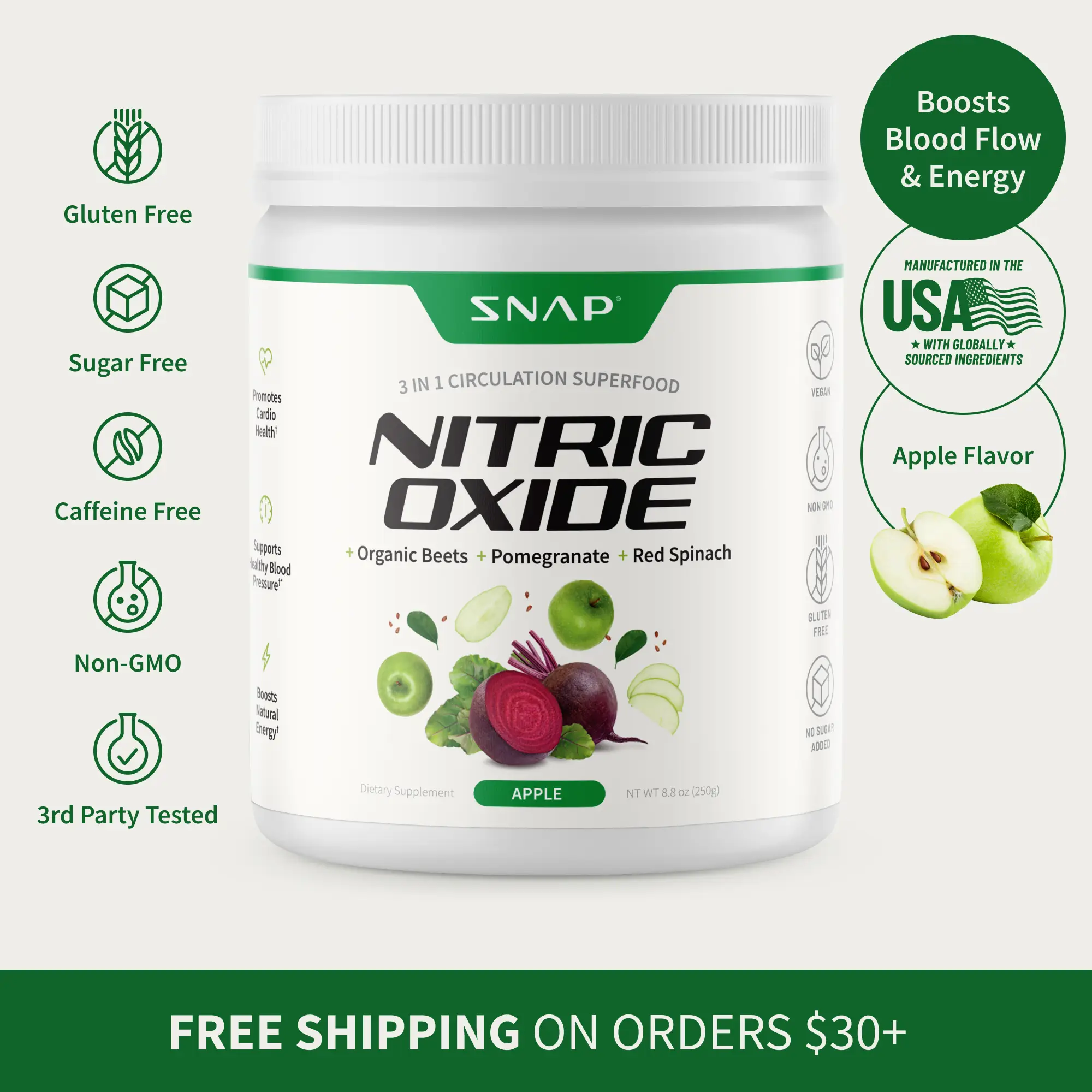 Snap Supplements - Beet Root Powder - 3-in-1 Nitric Oxide Supplement - Support Healthy Blood Pressure & Blood Circulation - Apple