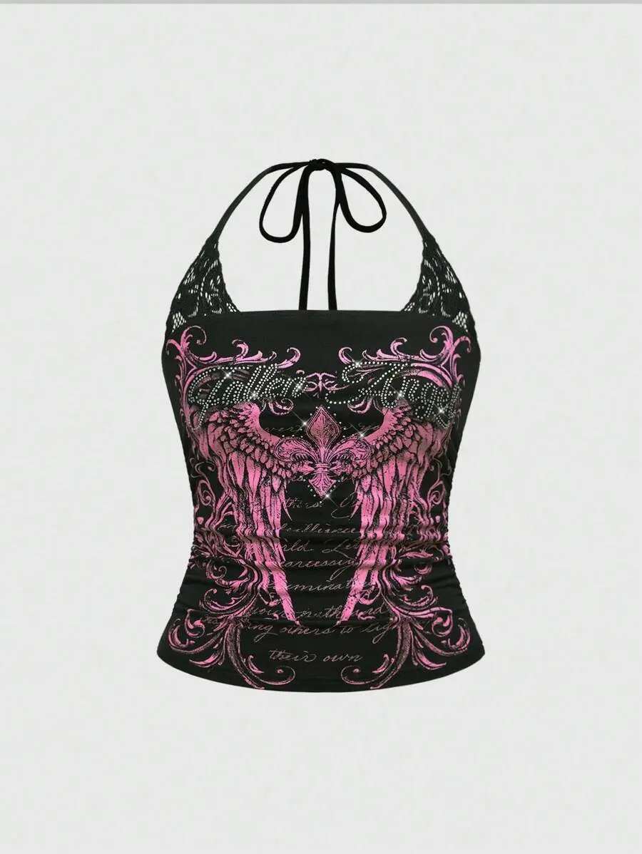 ADD2FIT x J-Fashion Spring/Summer Women's Y2K Punk Skeleton Print 2 In 1 Contrast Lace Sleeveless Bodycon Tank Top, Suitable For Music Festival