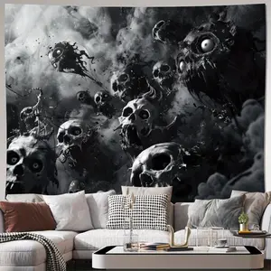 1pc Large Gothic Horror Wallpaper-like Tapestry - Black & White Skull & Bone Design with Glowing Eyes - Heavy-Duty Fabric Panel for Living Room, Bedroom, Office, Party Decor - Easy Peel-and-Stick Installation Kit Included - Spooky Horror Th