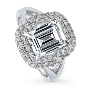 BERRICLE Sterling Silver Halo Engagement Rings Statement Split Shank Ring for Women, Step Emerald Cut Cubic Zirconia CZ