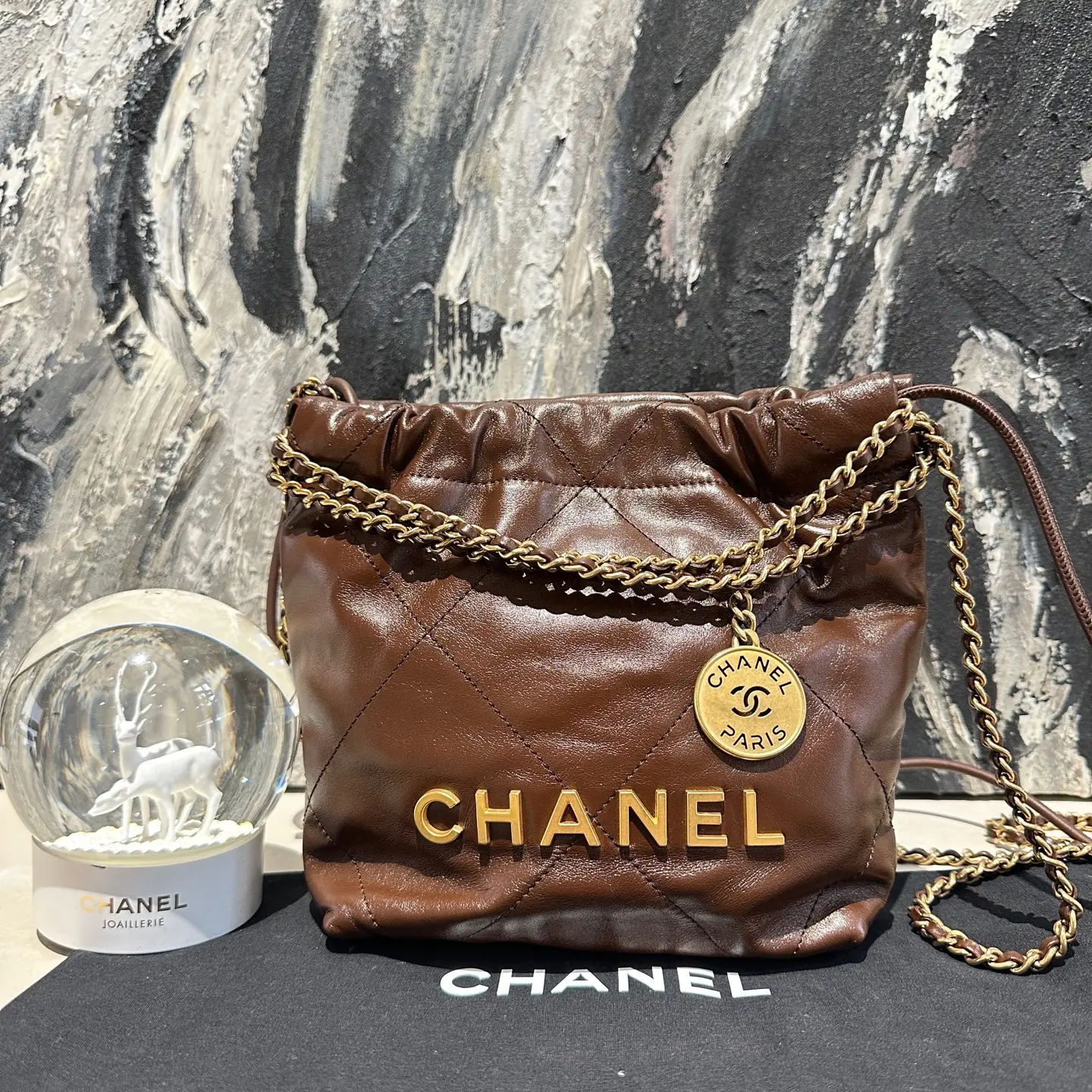 Pre-owned CHANEL 22bag mini wax leather shoulder bag brown