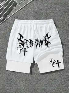 Men's Two-Piece Gym Shorts, Light Main Color, Dark Letters & Cross Print, Inner Patchwork, Drawstring Design, Streetwear Style, Streetwear Sports Shorts