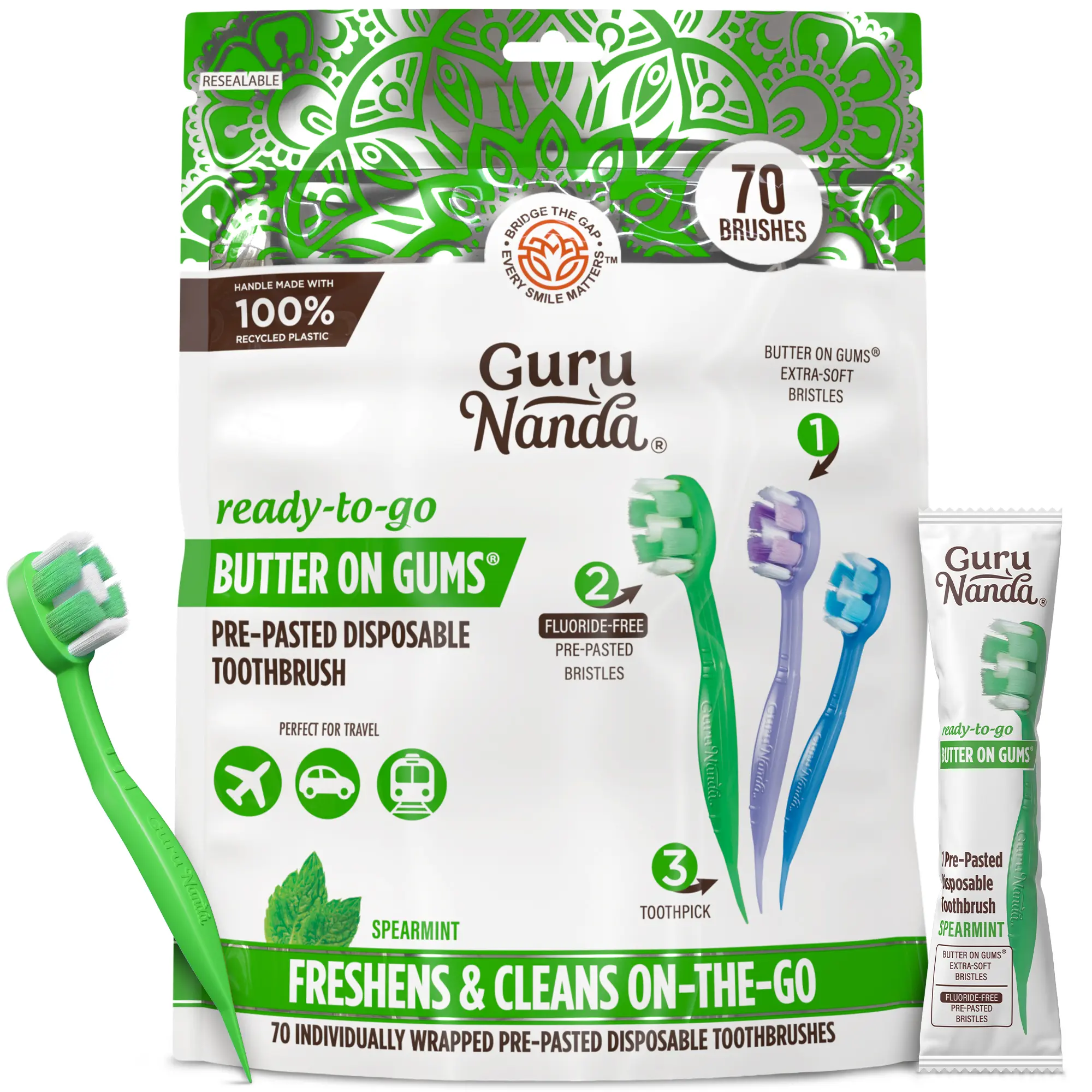 GuruNanda Ready-to-Go Pre-Pasted Toothbrushes, Extra-Soft Bristles, Spearmint, 70 Count